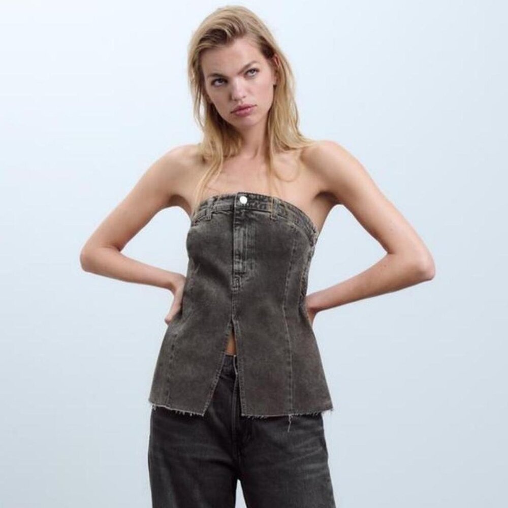 NWOT Zara washed black denim bustier bandeau corset top, L